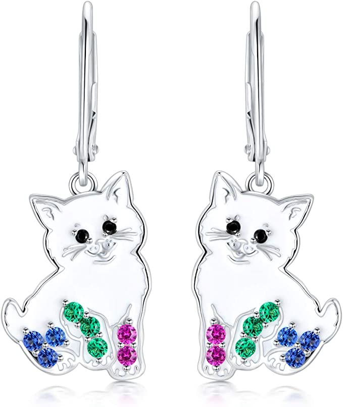 'Darling Kitty' Enamel and CZ Dangle Earrings, Sterling Silver