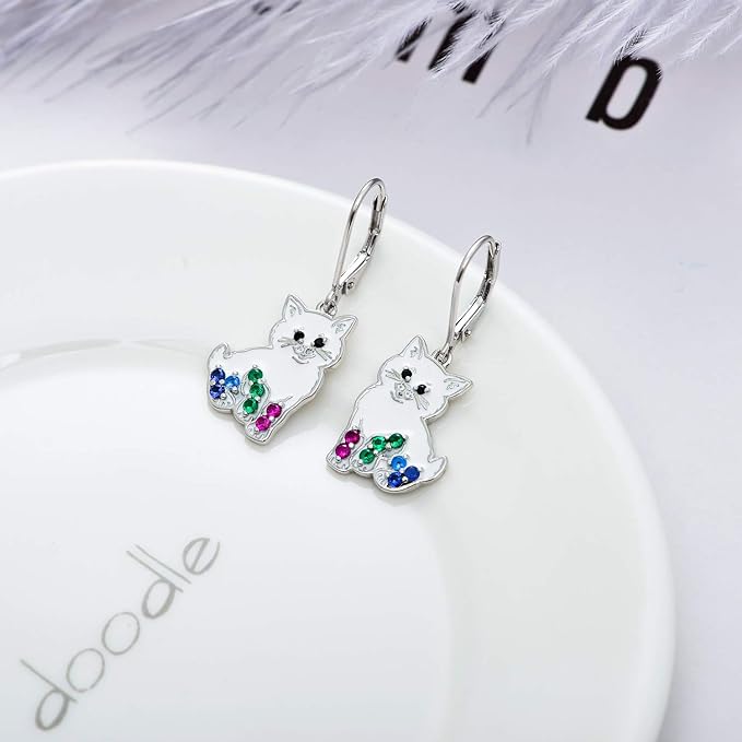 'Darling Kitty' Enamel and CZ Dangle Earrings, Sterling Silver