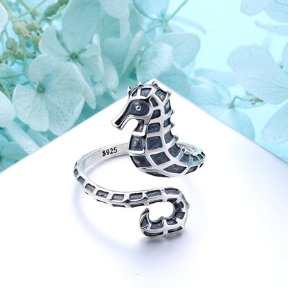 Antiqued Seahorse Adjustable Wrap Ring, Sterling Silver