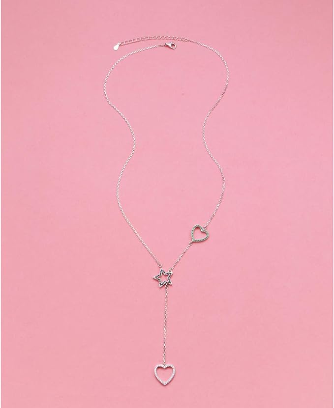 'Sparkling Heart and Star' CZ Lariat Necklace, Sterling Silver