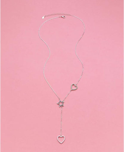 'Sparkling Heart and Star' CZ Lariat Necklace, Sterling Silver