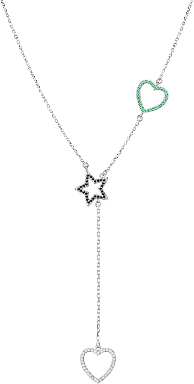 'Sparkling Heart and Star' CZ Lariat Necklace, Sterling Silver