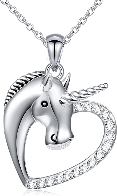 'Magical Unicorn' CZ Heart Pendant Necklace, Sterling Silver