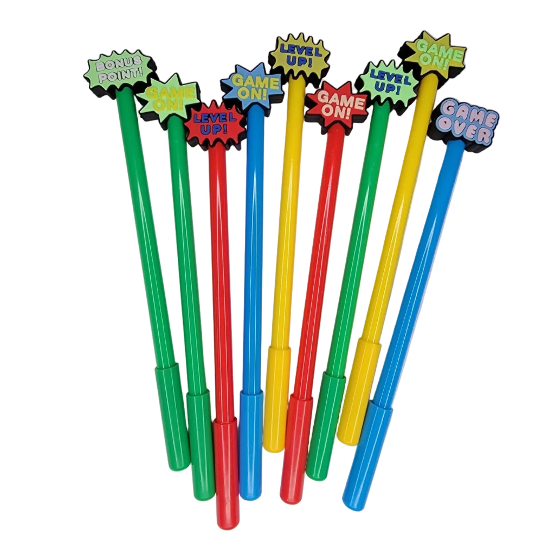 Set of colorful pens with game-themed ends on a white background