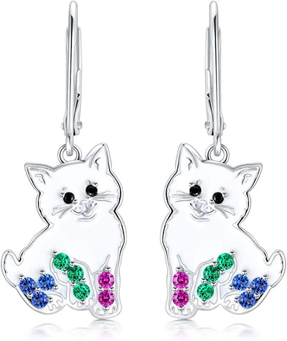'Darling Kitty' Enamel and CZ Dangle Earrings, Sterling Silver