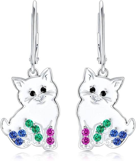 'Darling Kitty' Enamel and CZ Dangle Earrings, Sterling Silver