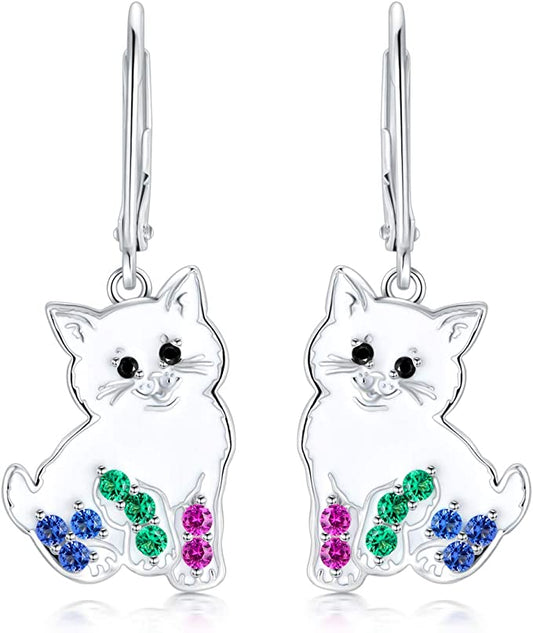 'Darling Kitty' Enamel and CZ Dangle Earrings, Sterling Silver