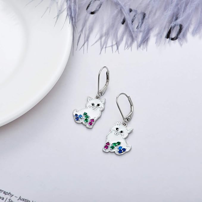 'Darling Kitty' Enamel and CZ Dangle Earrings, Sterling Silver