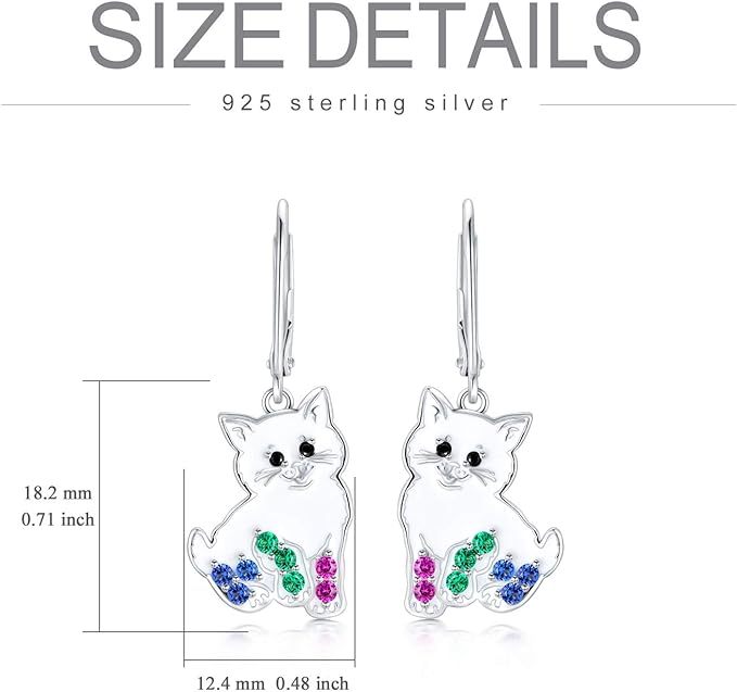 'Darling Kitty' Enamel and CZ Dangle Earrings, Sterling Silver