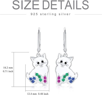 'Darling Kitty' Enamel and CZ Dangle Earrings, Sterling Silver
