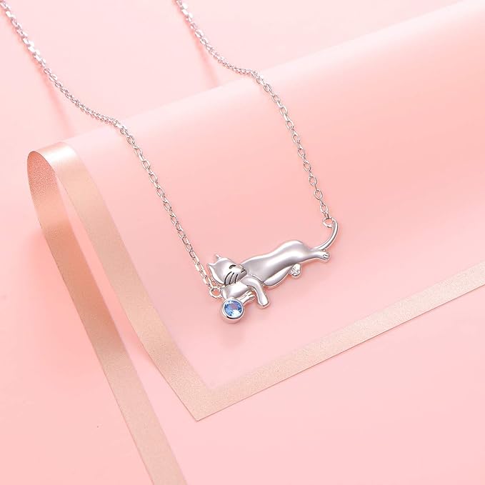 'Lounging Cat' CZ Bar Pendant Necklace, Sterling Silver
