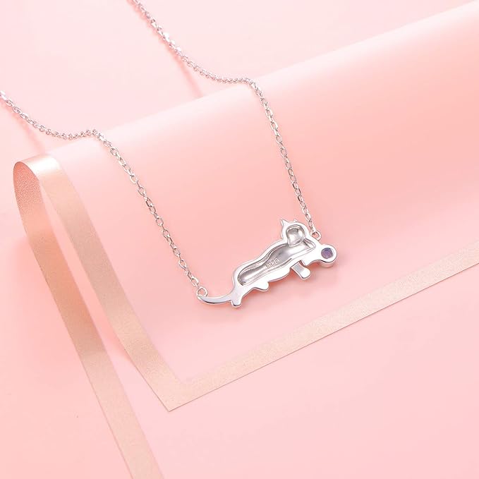 'Lounging Cat' CZ Bar Pendant Necklace, Sterling Silver