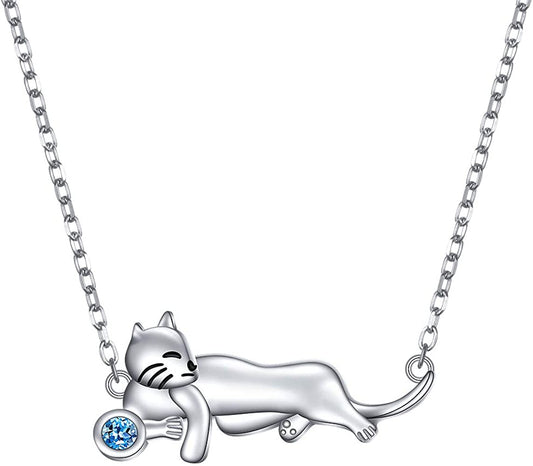 'Lounging Cat' CZ Bar Pendant Necklace, Sterling Silver