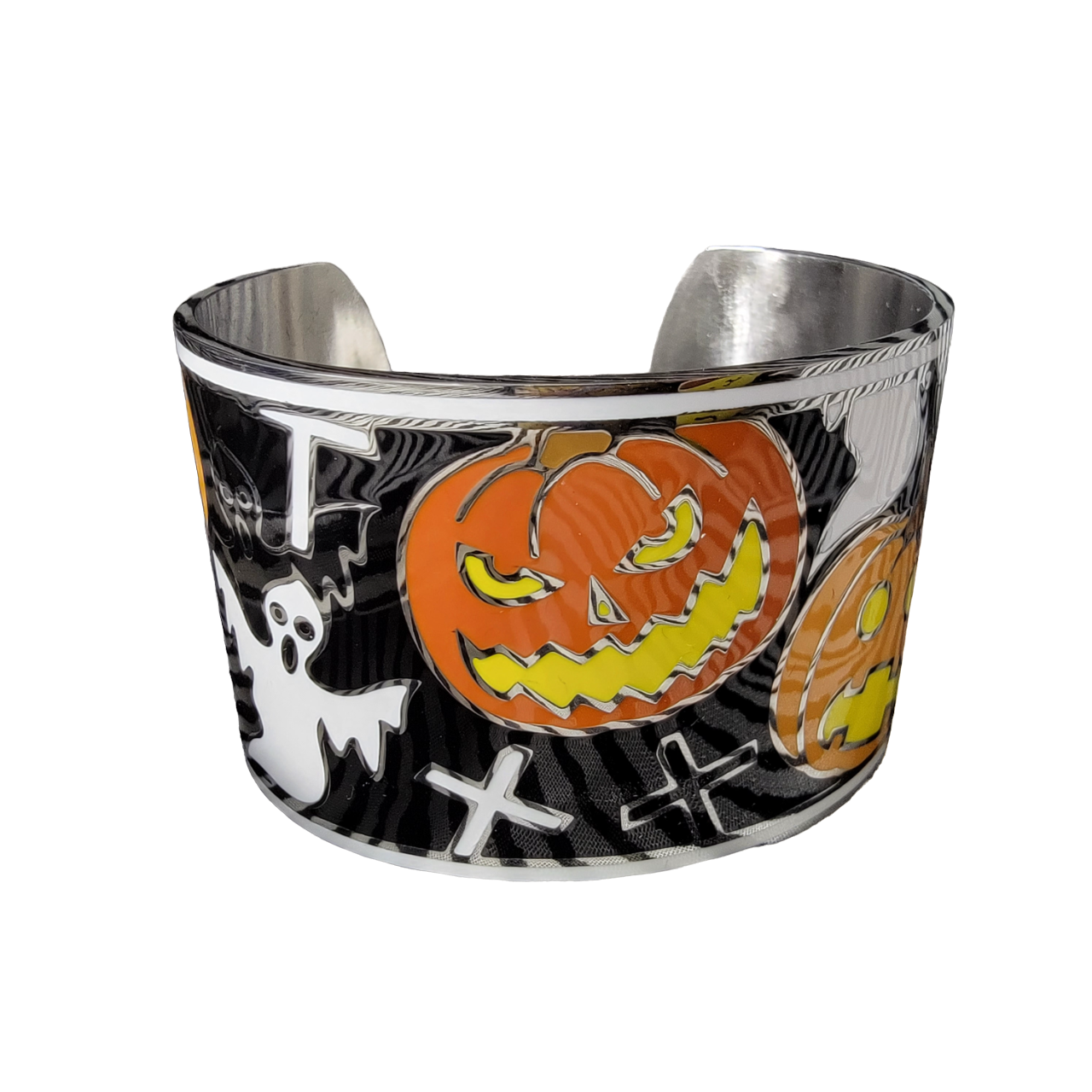 Spooky Cute Halloween Enamel Wide Cuff Bracelet, Stainless Steel