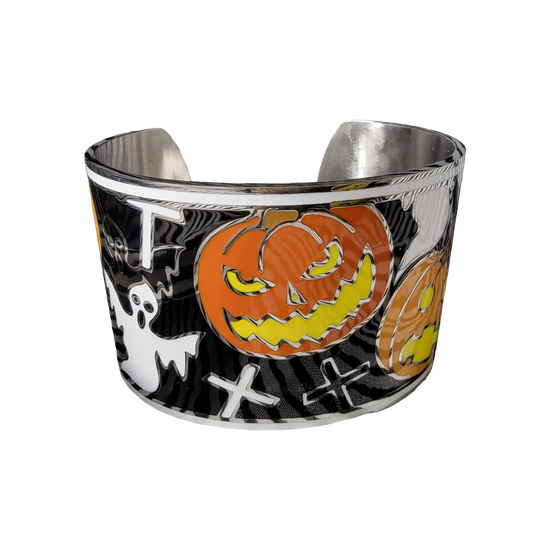 Spooky Cute Halloween Enamel Wide Cuff Bracelet, Stainless Steel