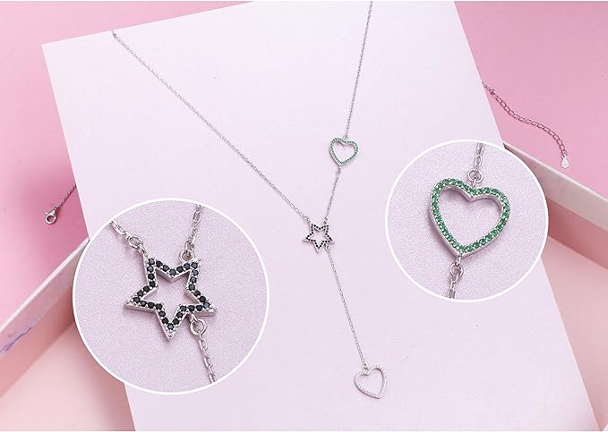"Sparkling Heart and Star' CZ Lariat Necklace, Sterling Silver