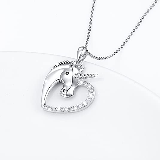 'Magical Unicorn' CZ Heart Pendant Necklace, Sterling Silver