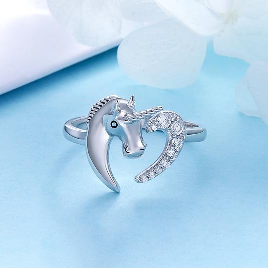 'Magical Unicorn' CZ Heart Adjustable Wrap Ring, Sterling Silver