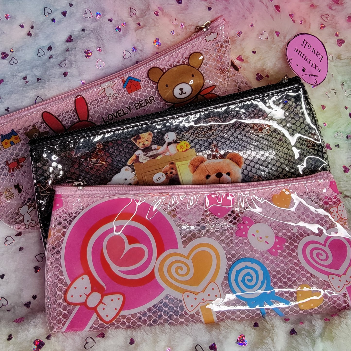 Mesh Vinyl Pencil Pouch, Kawaii Style