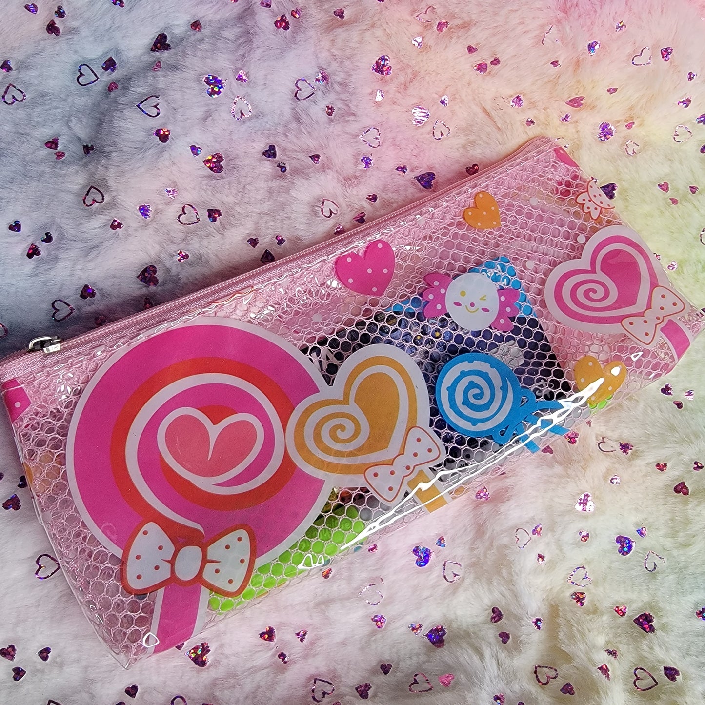 Mesh Vinyl Pencil Pouch, Kawaii Style