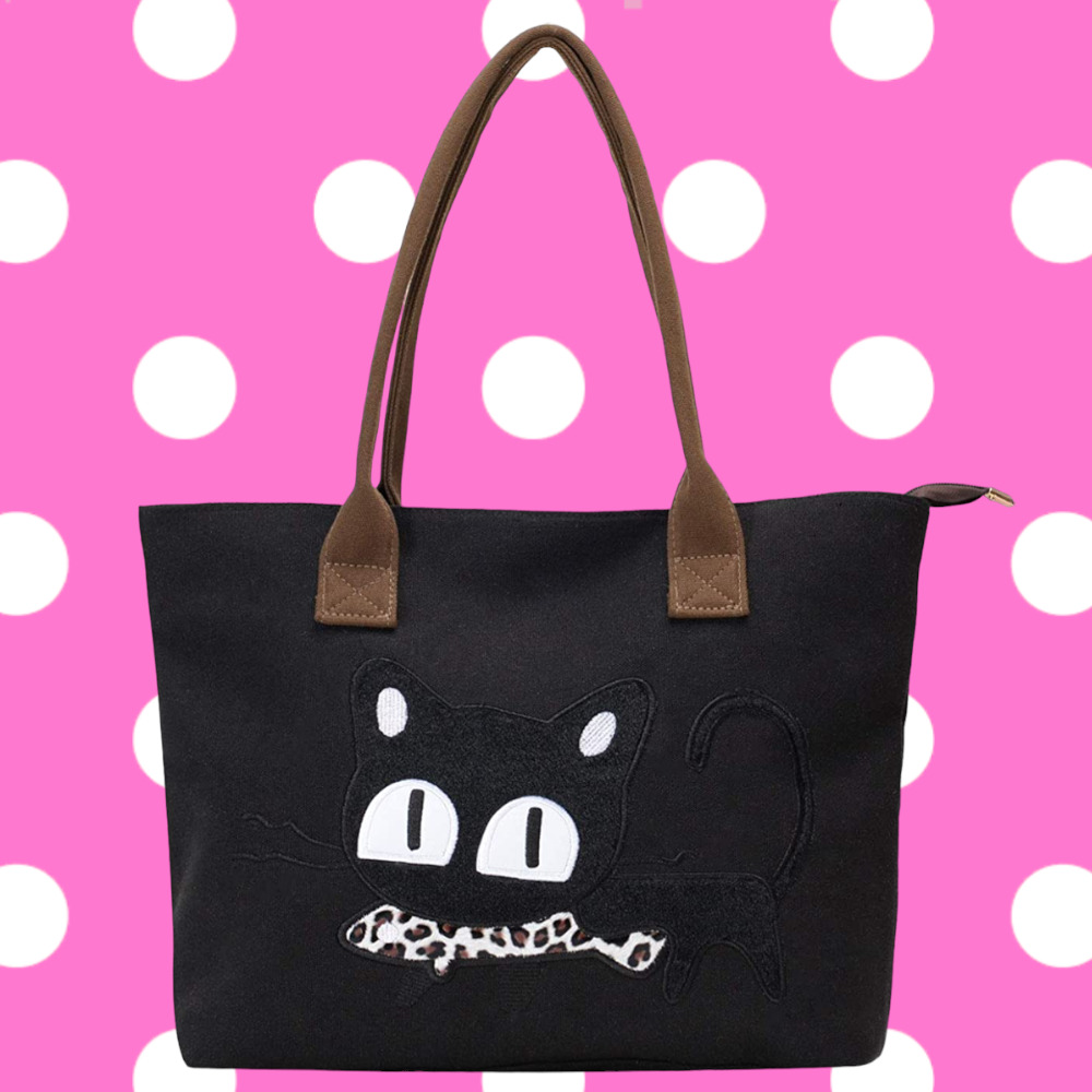 Black Cat with Fish Canvas Tote Bag