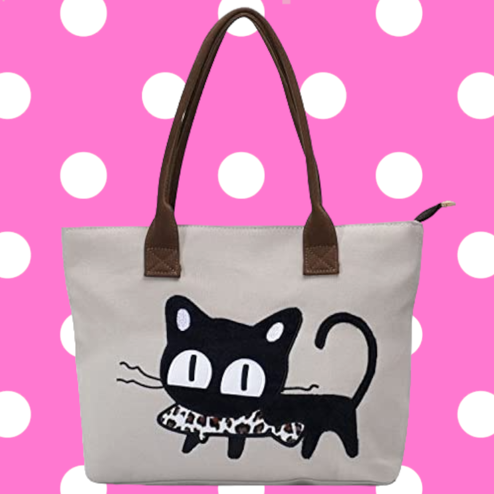 Black Cat with Fish Canvas Tote Bag