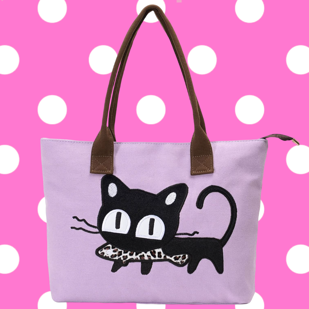 Black Cat with Fish Canvas Tote Bag