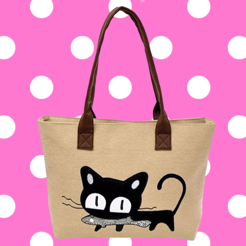 Black Cat with Fish Canvas Tote Bag