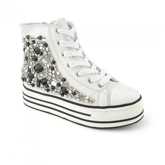 White Bejeweled Platform Sneakers